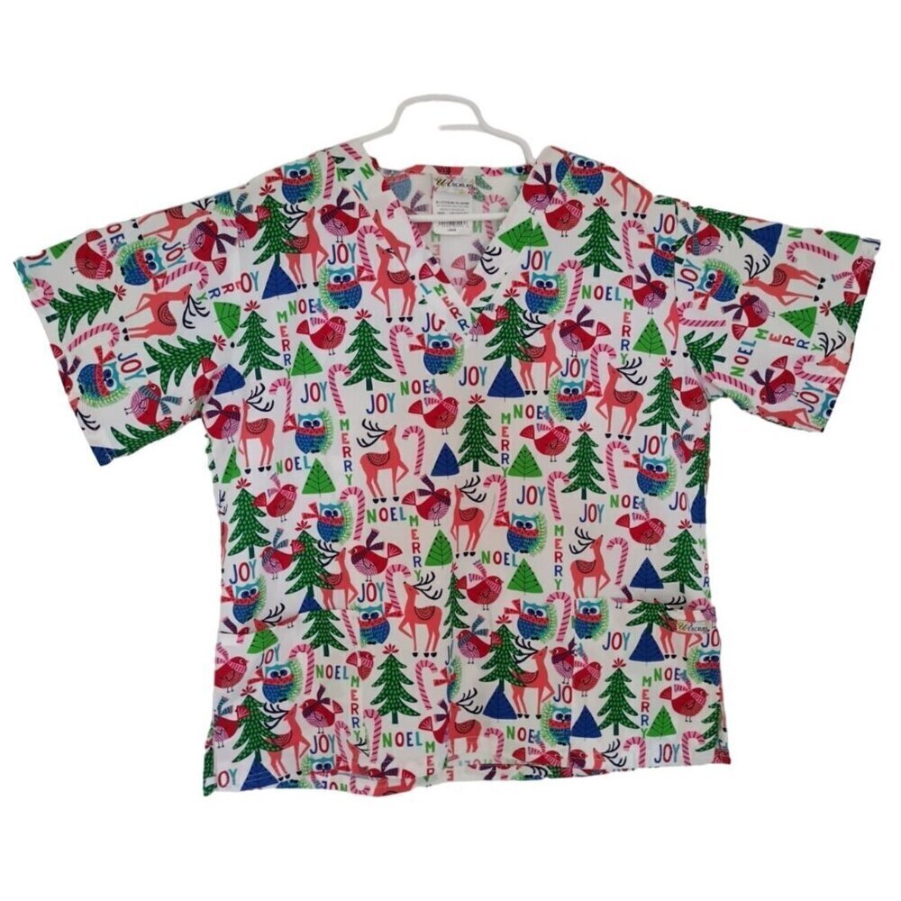 Festive Christmas Themed Scrub Top, V Neck, Short Sleeve, L, NWT